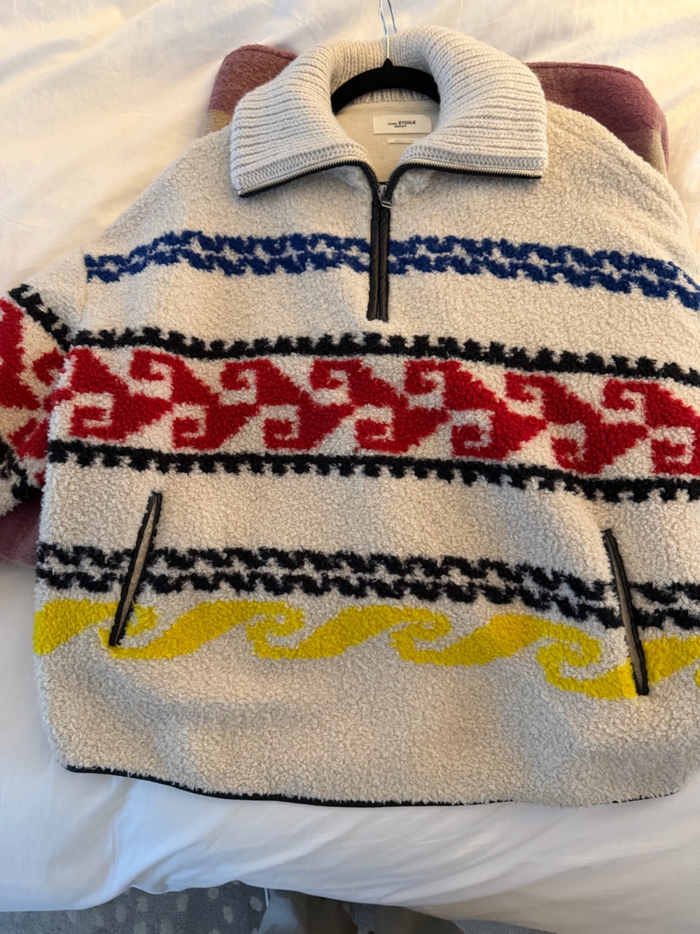 Etoile Isabel Marsnt Ivory Sherpa Half-Zip Sweater with Red, Blue & Yellow Patte
